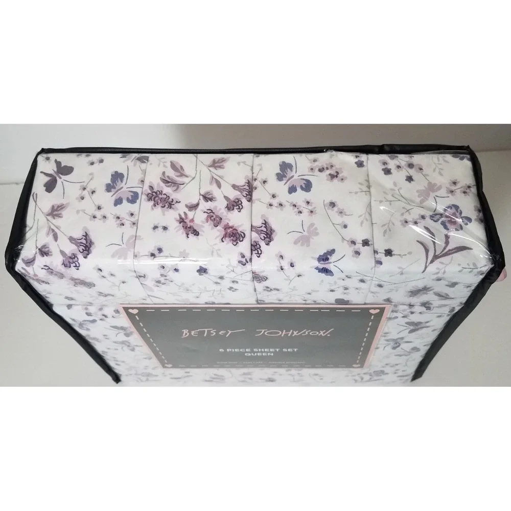 Betsey Johnson Queen Sheet‎ Set Purple Floral Flowers Butterfly 6pc Bedding NEW
